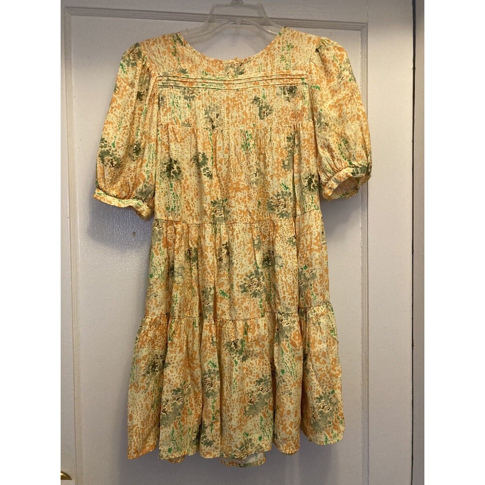 Find Me Now Dress Womens Small Yellow Print Tiered Pockets Boho Babydoll
